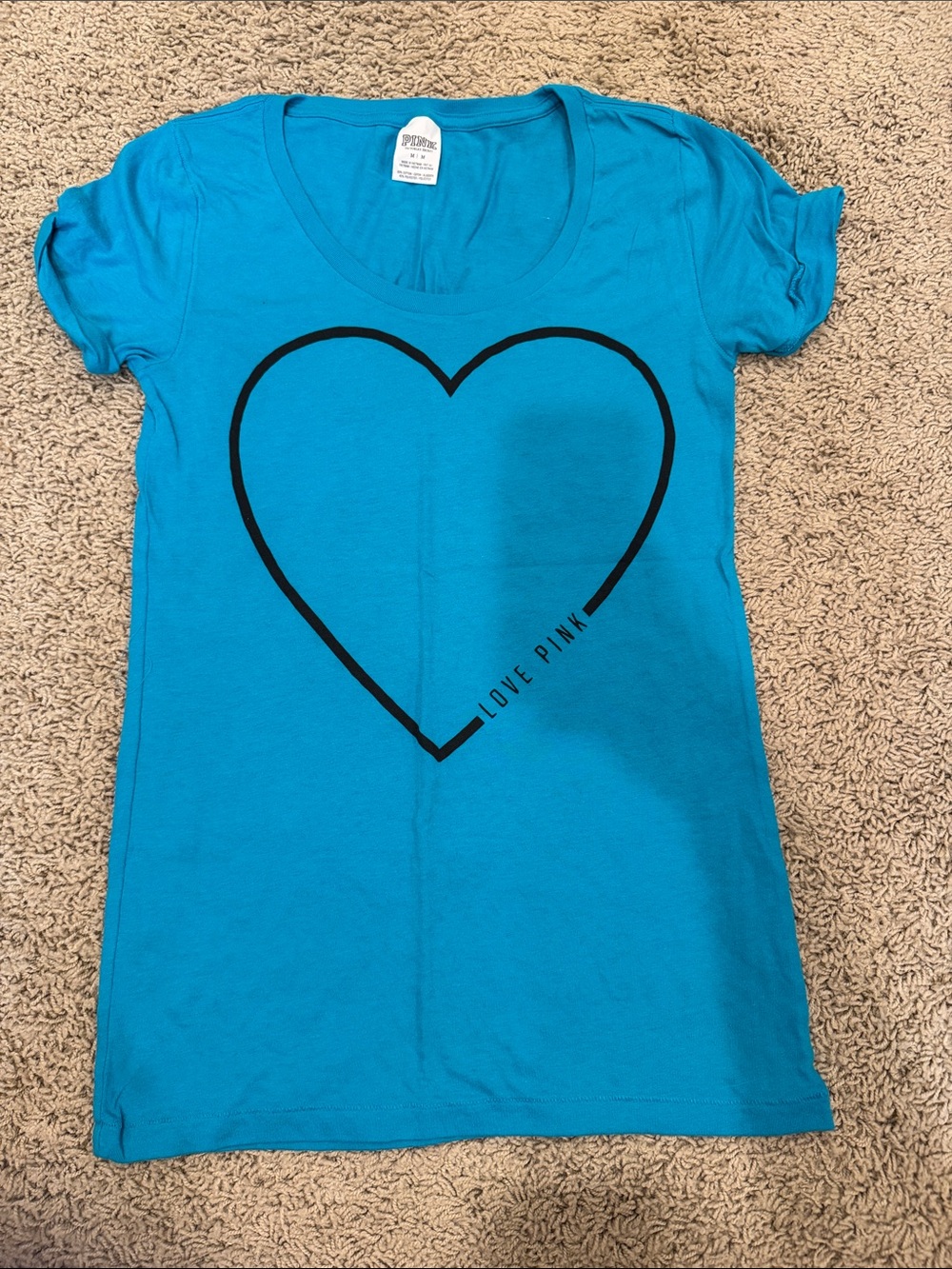 PINK Victoria's Secret Bright Turquoise Short Sleeve Heart Tee